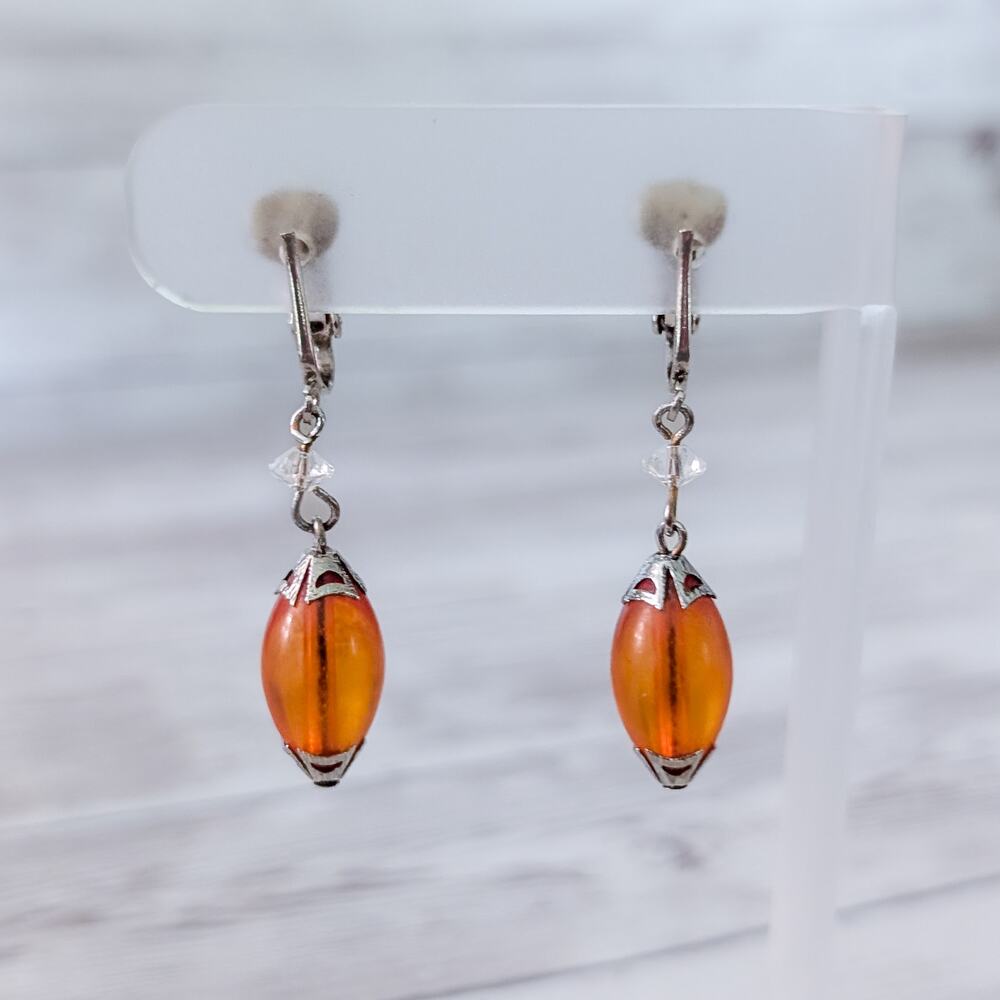 Vintage Clip On Earrings Orange & Silver Tone Dangle
